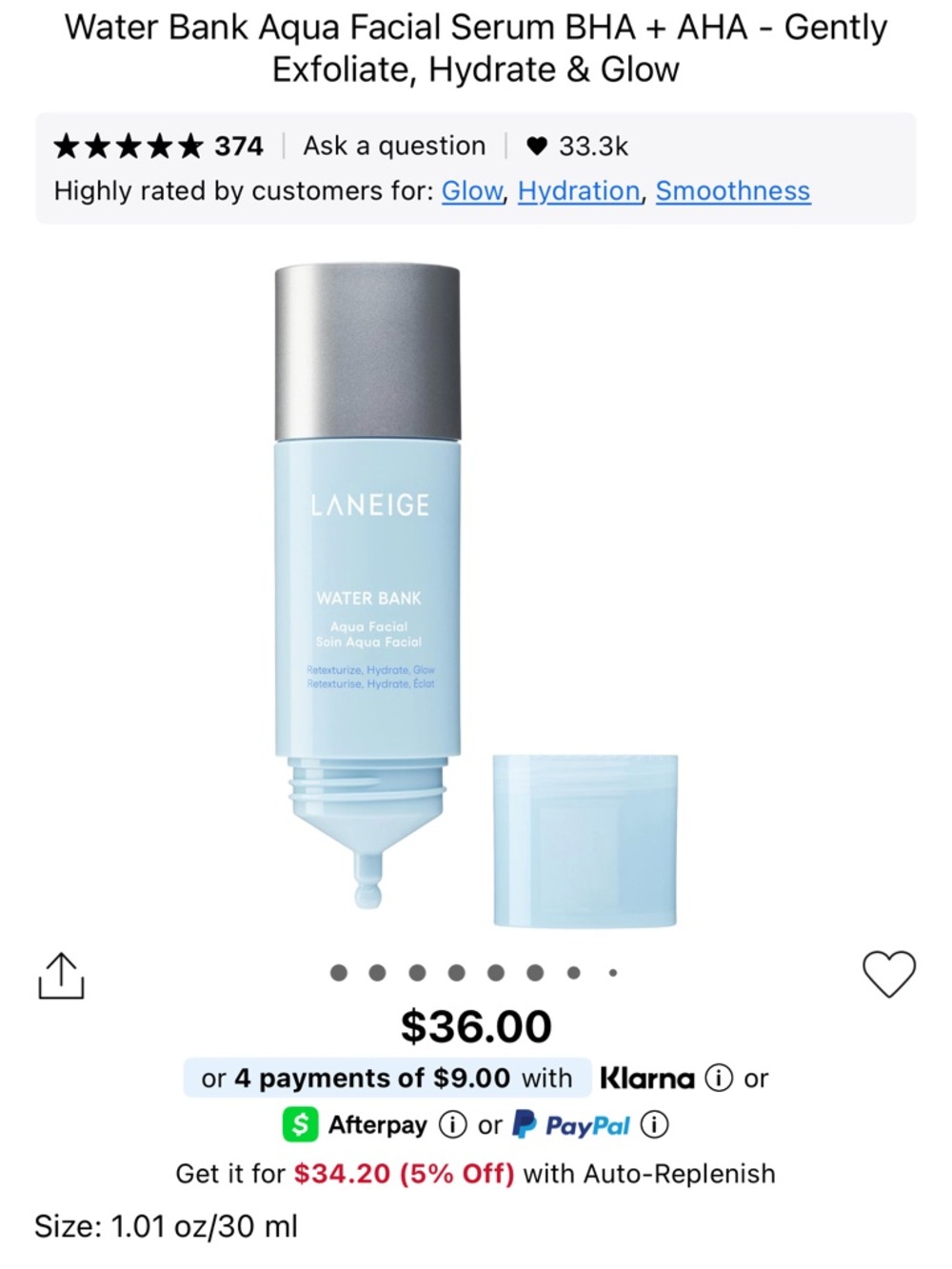 LANEIGE Water Bank Aqua Facial 30ml Serum with Sleeping Masks – Cica & Water - Picture 12 of 12